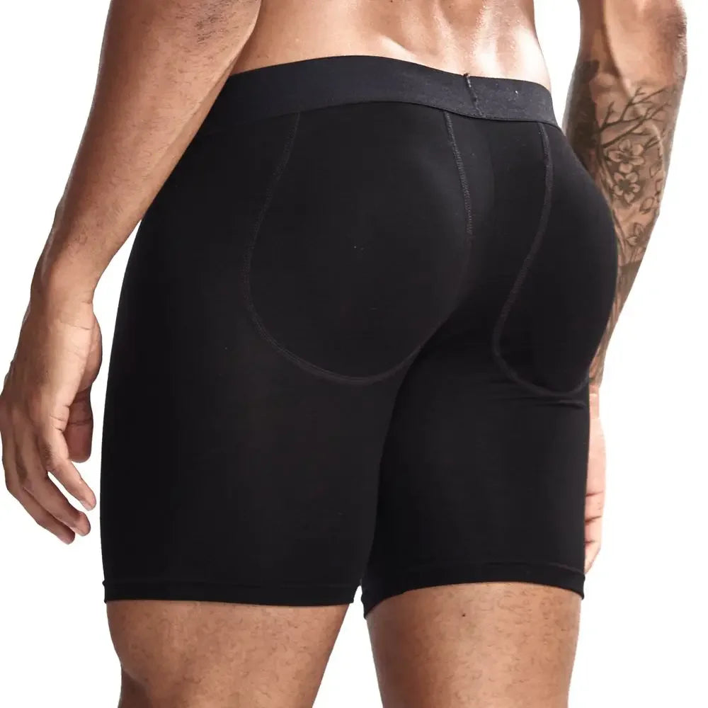 Men Sexy Padded Long Boxer Underwear Butt-Enhancing Trunk with Removable Two Pads Butt Lifter Pouch Shorts Gay Male Panties