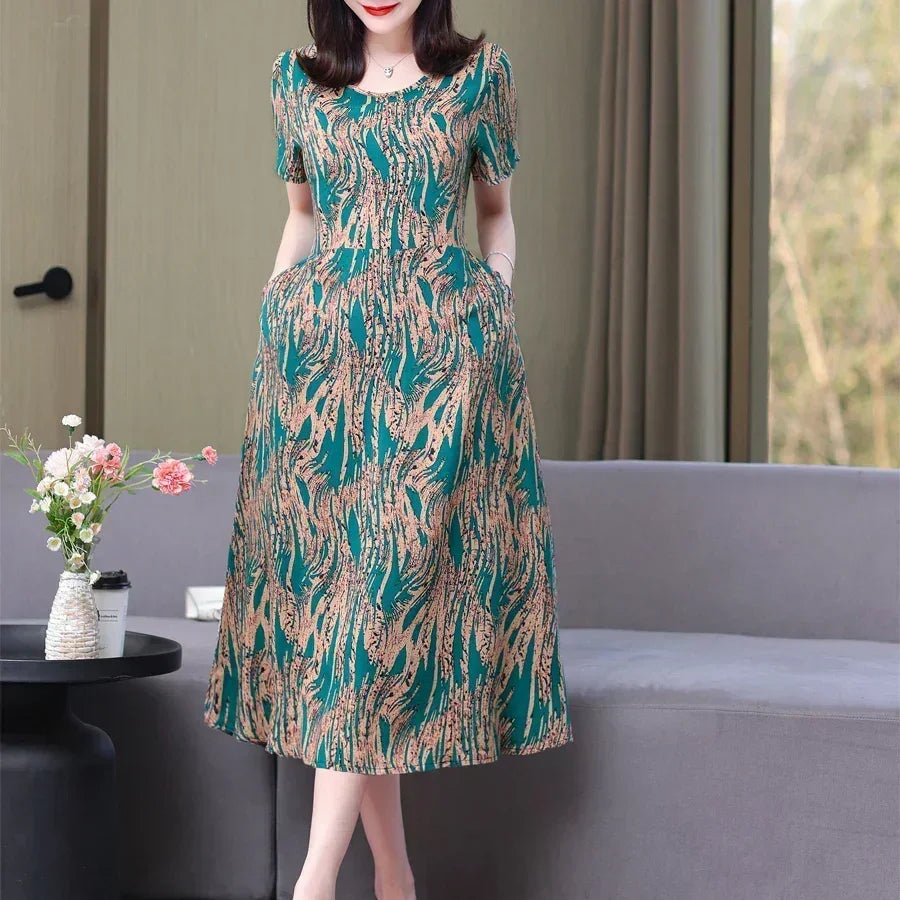 New Fashion Casual 2024 Summer Elegant Dresses For Women O-Neck Print Vintage Short Sleeve Dress Loose Women Clothing
