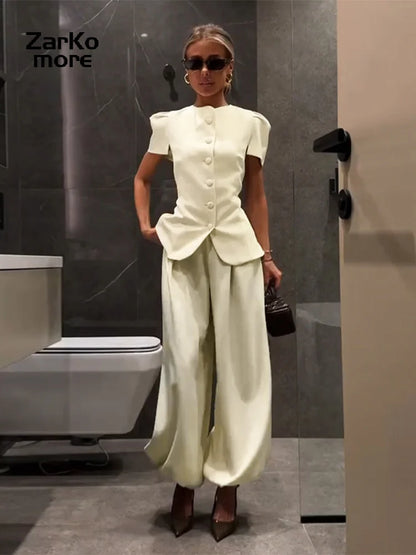 Casual Women's Waist Cinched Blazer Pants Set O-Neck Puff Sleeve