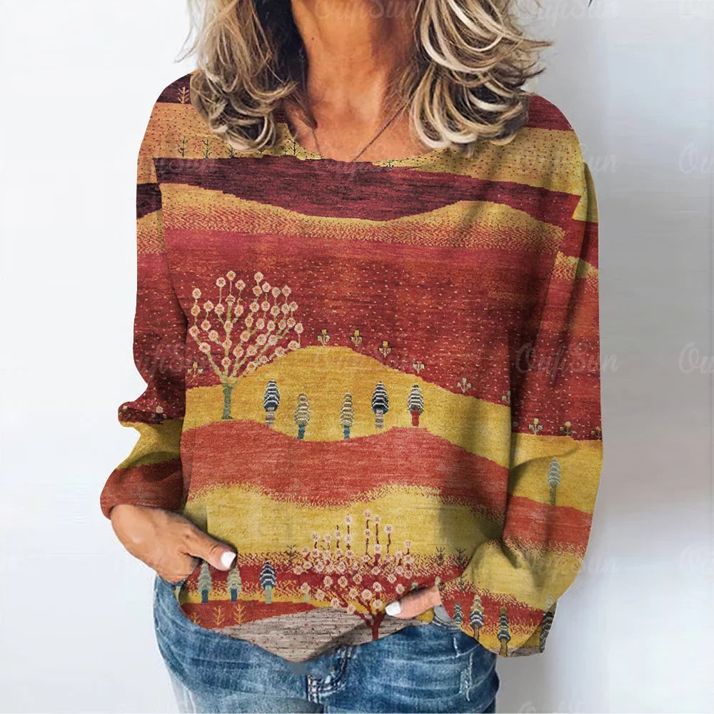 Women's natural landscape print T-shirt long sleeve T-shirt autumn casual women's fashion camel desert print long sleeve