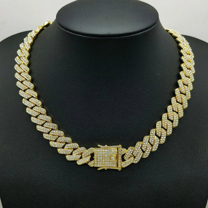 Fashion Men Cuban Link Iced Out Necklace 14MM width Rhinestones Chain Rapper CZ Cuban Chain Necklace Hip Hop Birthday Jewelry