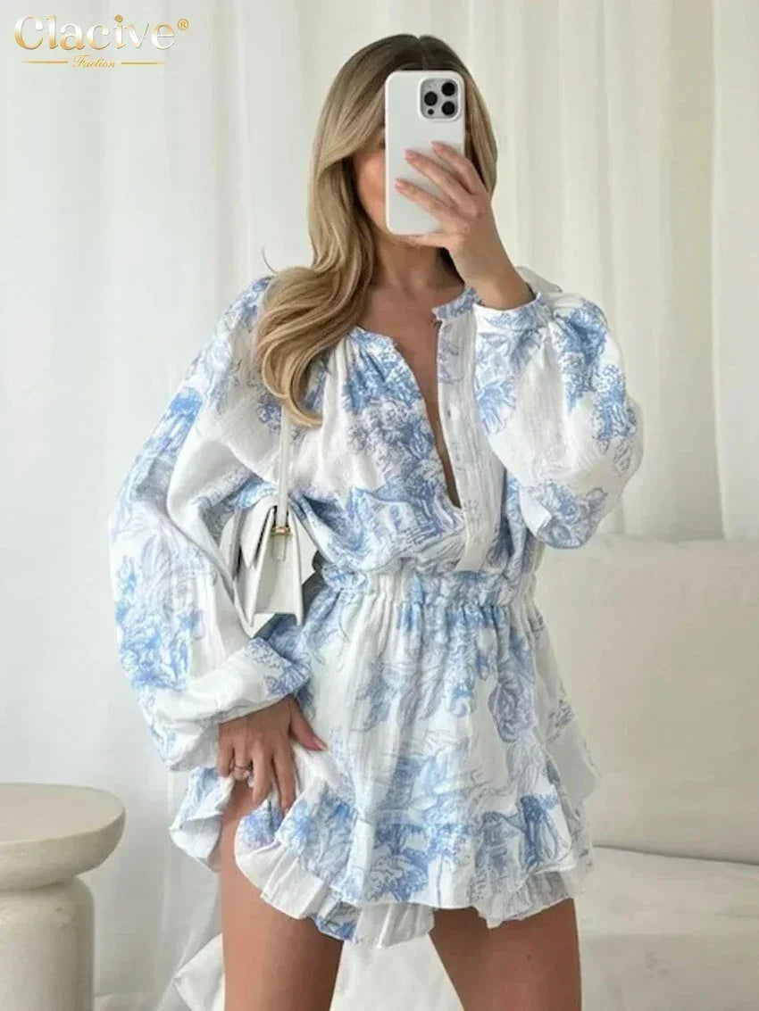 Clacive Fashion Loose Print Women's Dress 2024 Casual O-Neck Long Sleeve Mini Dresses Elegant High Waist Pleated Female Dress