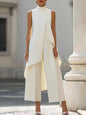 Women High Neck Sleeveless Asymmetric Tunic Wide Leg Pants Set Elegant Formal Business Office Two Piece Outfit