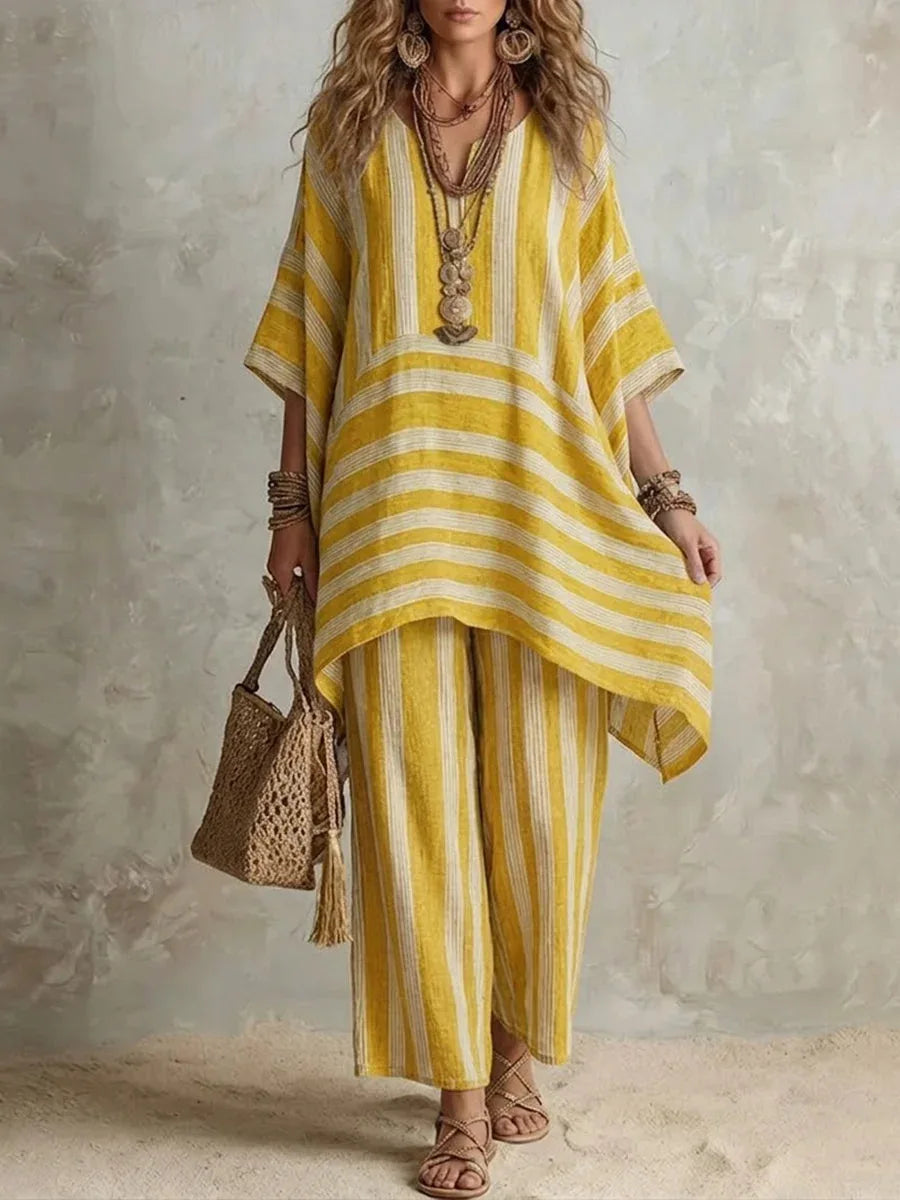 New Women's Two Piece Spring/summer Fashion V-Neck Loose Striped