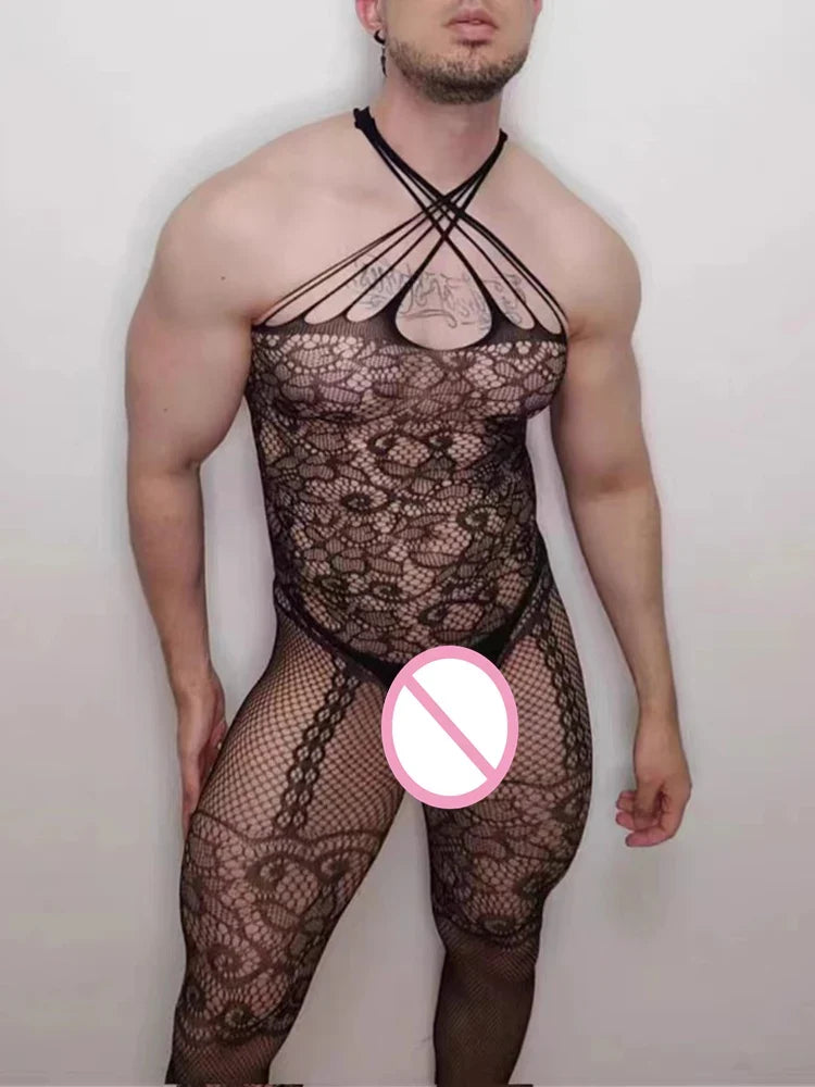 New Sexy Halter Men Fishnet Bodystockings Women Erotic Lingerie Open Crotch White Crotchless Teddies Bodysuit Underwear Costumes