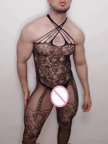 New Sexy Halter Men Fishnet Bodystockings Women Erotic Lingerie Open Crotch White Crotchless Teddies Bodysuit Underwear Costumes