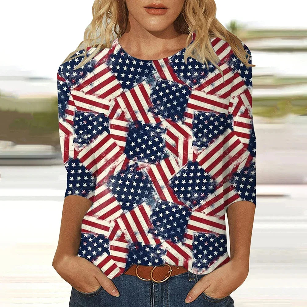 2024 New Women's American Flag Pattern Long Sleeve T-Shirt Designer Trendy Clothing Casual Pullover Round Neck Fashion T-Shirt