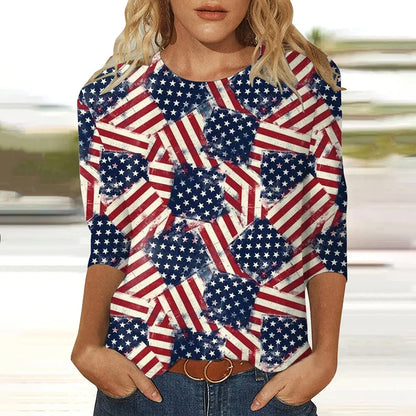 2024 New Women's American Flag Pattern Long Sleeve T-Shirt Designer Trendy Clothing Casual Pullover Round Neck Fashion T-Shirt