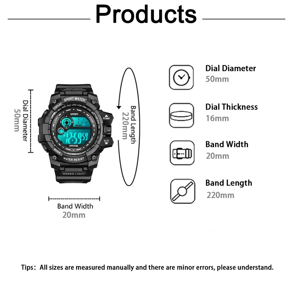 Men LED Digital Watch – Luminous Waterproof Sport Military Wristwatch