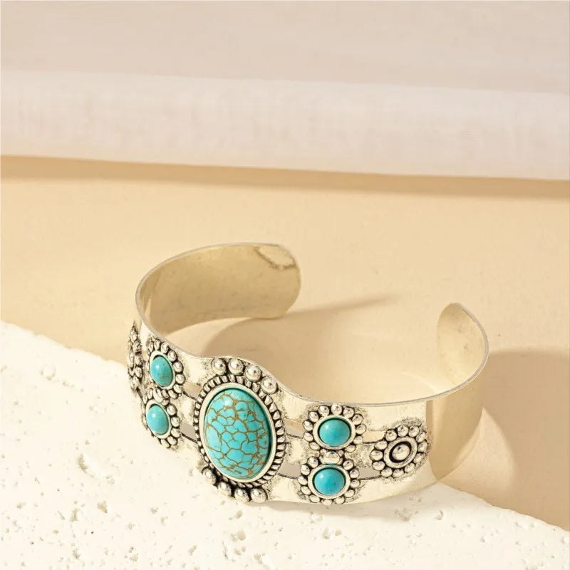 Vintage Bohemian Style Artificial Inlaid Turquoise Cuff Bangle for Women Men Personality Creative Design Bangles Jewelry Gift