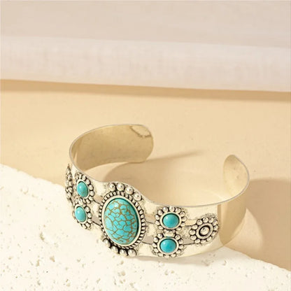 Vintage Bohemian Style Artificial Inlaid Turquoise Cuff Bangle for Women Men Personality Creative Design Bangles Jewelry Gift