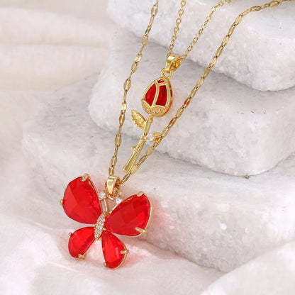Elegant Pink Crystal Butterfly Necklace for Women High-End Zircon Flower Pendant Fashionable Jewelry Gift