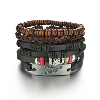 New Trendy Retro 4pcs/Set Bracelets & Bangles Men's Multilayer Black Leather Jewelry Charm Pulseiras Boyfriend Wristband