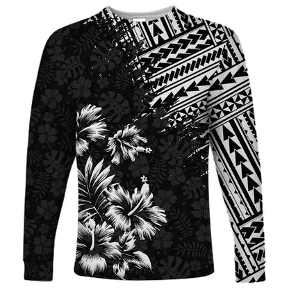 2024 new men's long-sleeved t-shirt 3d printed Polynesian flower print men's autumn tops casual round neck street t-shirt