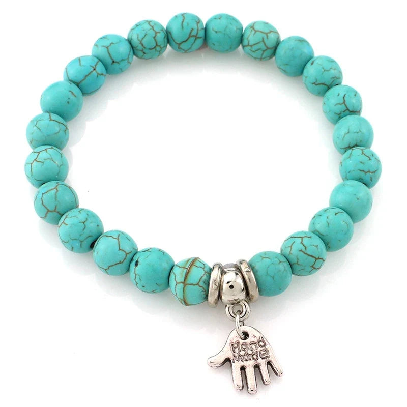 FTCY Women Bohemian Beaded Bracelet Fashion Turquoise Natural Stone Anti-Stress Yoga Geometric Pendant Elastic Cord Hand Chains