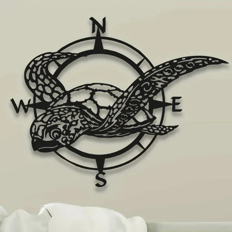 HelloYoung Black Metal Sea Turtle Compass Wall Sign - Perfect Beach Home Decor for Kitchen, Garden, and Housewarming Gifts
