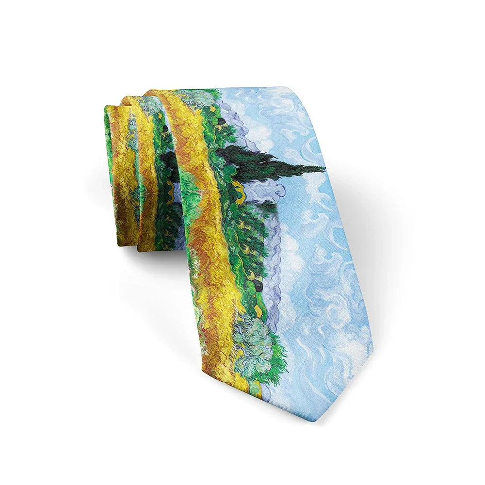 New 3d printed oil painting tie men's fun fashion business tie wedding party shirt accessories Van Gogh starry sunflower