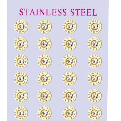 12 Pairs Pack Stainless Steel Round Shape Cubic Zircon Roman Numeral