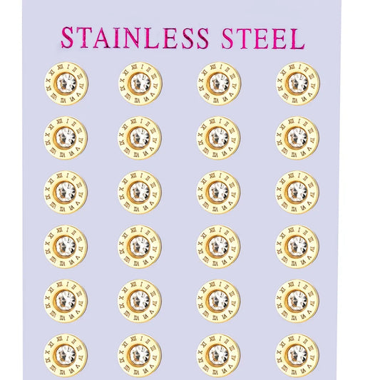 12 Pairs Pack Stainless Steel Round Shape Cubic Zircon Roman Numeral