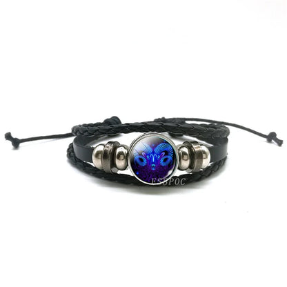 New Men 12 Constellation Black Braided Leather Bracelet Punk Style Zodiac Sign Multilayer Weave Wrap Bracelet For Birthday Gifts