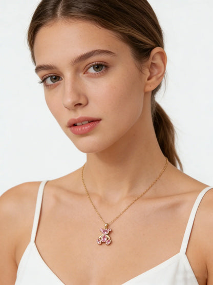 Delicate Cute Pink Zircon Bear Pendant Necklace for Women Girl, Stylish Animal Necklace, Exquisite Luxury Jewelry Accessories