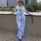 New African Fashion Women Two Piece Set Tie Dye Printed Short Sleeve Loose Shirt And Wide Leg Pants Set