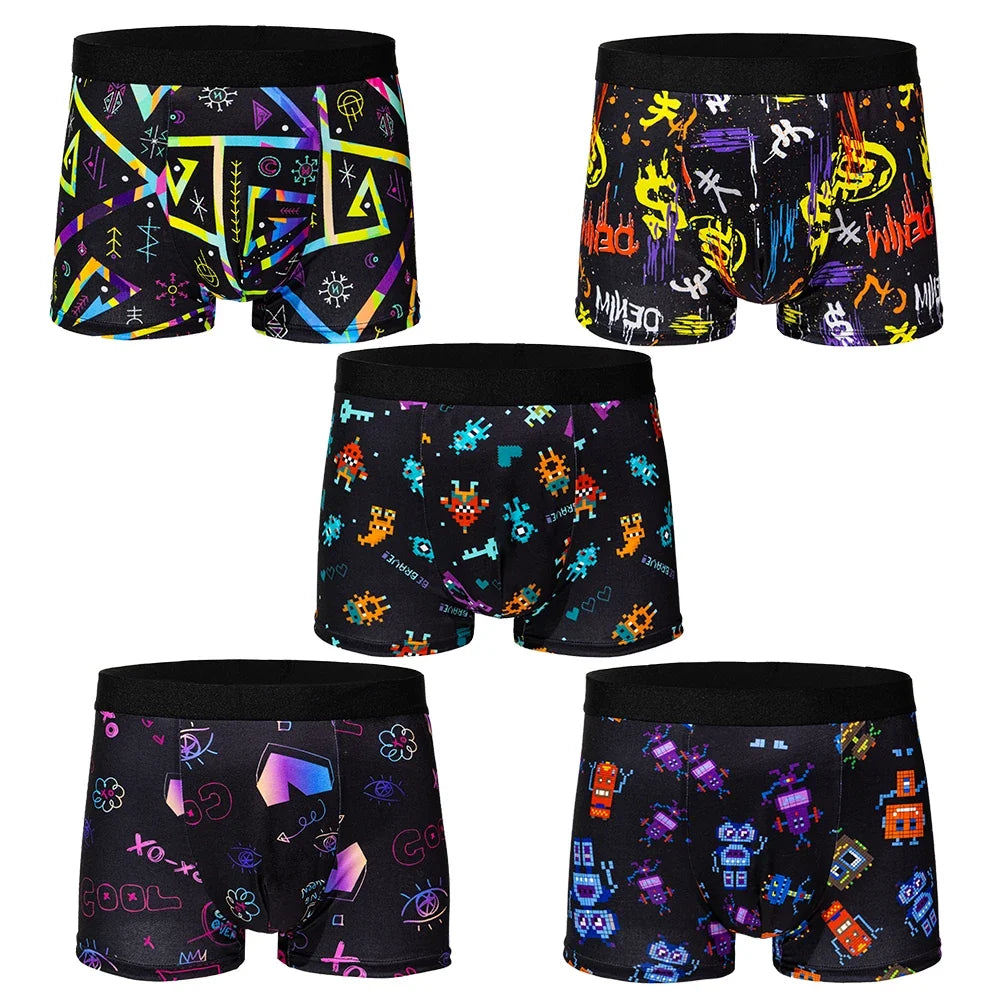 5-pcs Men's trendy graffiti, pixel, cyberpunk print boxer underwear, comfortable and casual and fashionable boxer
