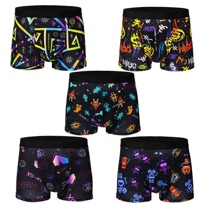 5-pcs Men's trendy graffiti, pixel, cyberpunk print boxer underwear, comfortable and casual and fashionable boxer