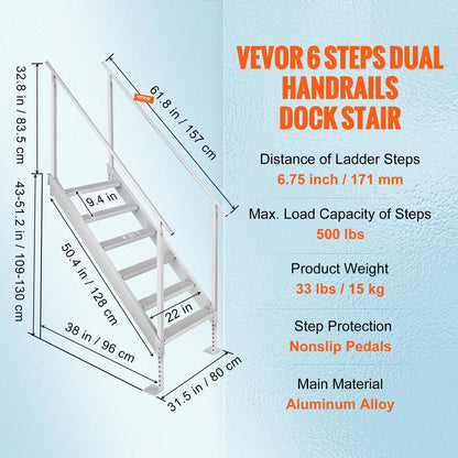 SucceBuy 4/6 Step Dual Handrails Dock Ladder Aluminum with Rubber Mat 30"-39" Adjustable Height for Lake Marine Boarding Pool