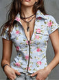 Summer Ladies Short Sleeve Collared Shirt Front Zip Design Multicolor Floral Print Top Non-denim Fabric