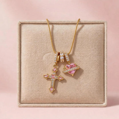 Heart Cross Pendant Necklace for Women Stainless Steel Necklace 14K Gold Plated Snake Chain Necklace with Pink Zircon Heart & Cross Charms, Hypoallergenic Dainty Layering Pendant Necklace Jewelry Gift for Women Girls Valentin