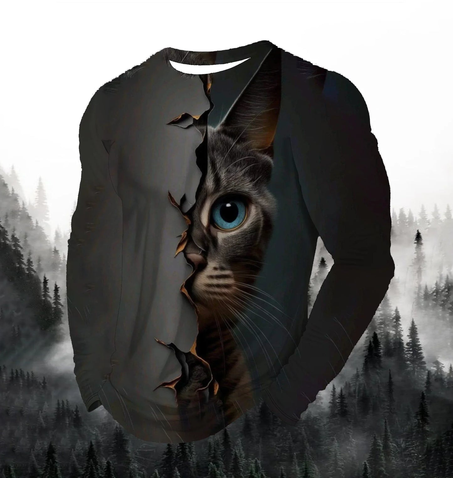 Visual Kitten Fashion Print Men's T-shirt Fashion Long Sleeve T-shirt Casual Round Neck Street Top Loose Pullover Autumn