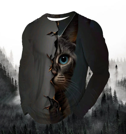 Visual Kitten Fashion Print Men's T-shirt Fashion Long Sleeve T-shirt Casual Round Neck Street Top Loose Pullover Autumn