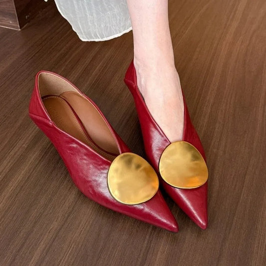 2025all-Match Gold Pointed-Toe Metal Buckle Single Shoes Women Wear