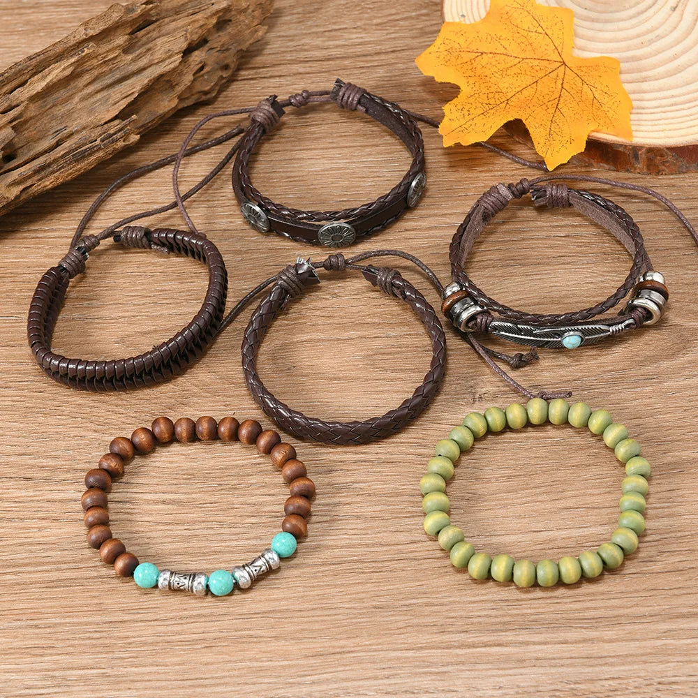 Bohemia Turquoise Ethnic Men’s Leather Bracelets Vintage Multi Layer Flower Leaves Wooden Beads Braided Leather Bracelets