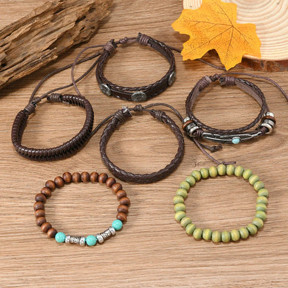 Bohemia Turquoise Ethnic Men’s Leather Bracelets Vintage Multi Layer Flower Leaves Wooden Beads Braided Leather Bracelets