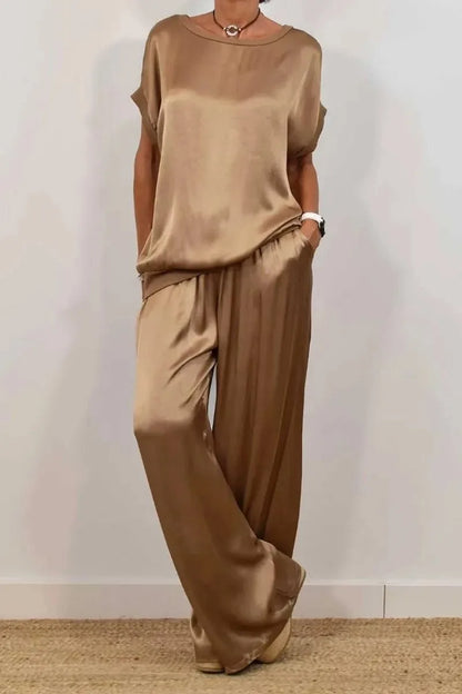 Summer Satin Two Piece Sets For Women V Neck Bat Sleeve Top Casual Loose Lace Up Wide-leg Pants 2 Piece Suit Female Home Outfits