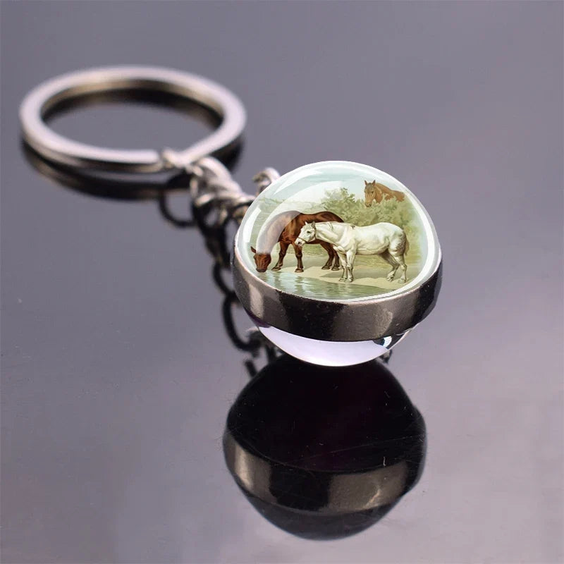 Horse Pattern Keychains White Brown Horse Racing Double Sided Glass Ball Pendant Key Chain Fashion Animal Jewelry Keyring Gift