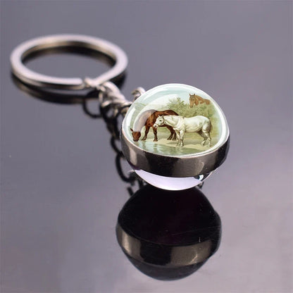 Horse Pattern Keychains White Brown Horse Racing Double Sided Glass Ball Pendant Key Chain Fashion Animal Jewelry Keyring Gift