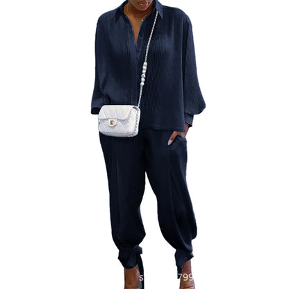 Classic Solid Shirt Pants Set Women Casual Loose Long Sleeved Lapel Elastic Waist Two Piece Suit 2025 New Summer Street Outfit