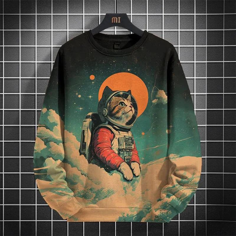 Japanese Pattern Sweatshirts For Men Space Cat 3D Printed Pullover Autumn Oversized O-Neck Hoodies Long Sleeves Clothing Tops
