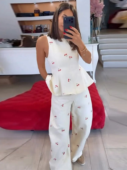 Casual Printed Women's Top Trouser Suits Sleeveless O-Neck Wide Leg