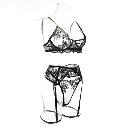 Embroidery Lingerie 3Pcs Sets Ultrathin Mesh Patchwork See Through Bras And Thongs Garter Suits Erotic Intimate Sexy Underwear