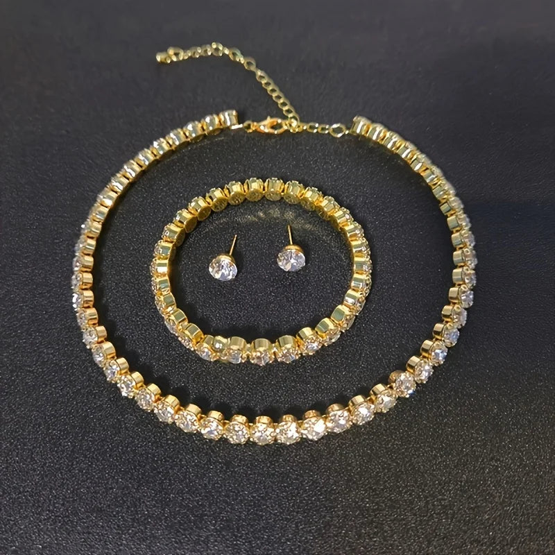 Light Luxury and Minimalist Rhinestone Necklace, Earrings, and Bracelet Are Suitable for Dating and Banquet Registration
