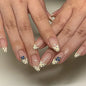 3D Lemon Blue White Striped French Nail Art Summer Chic Short Round False Nails Detachable Finished Fake Nails Press on Nails