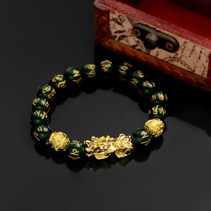 Feng Shui Gold Color Pixiu Bracelet For Women Men Chinese Lucky Wealth Black Obsidian Crystal Natural Stone Beads Bangle Jewelry