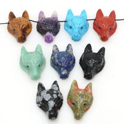1.5" Wolf Head Stone Pendant Natural Healing Crystals Hand Carved Wolves Animal Statue Figurine Gems for Jewelry Making Necklace