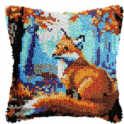 Cunning Fox Smyrna Buttons Package Latch Hook Pillow Kit Bunny Embroidery Design Plush Animal Canvas Craft for Home Decor Gifts