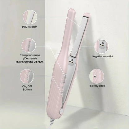2-In-1 Mini Hair Straightener Curler, 5 Heat Level Control, Ceramic