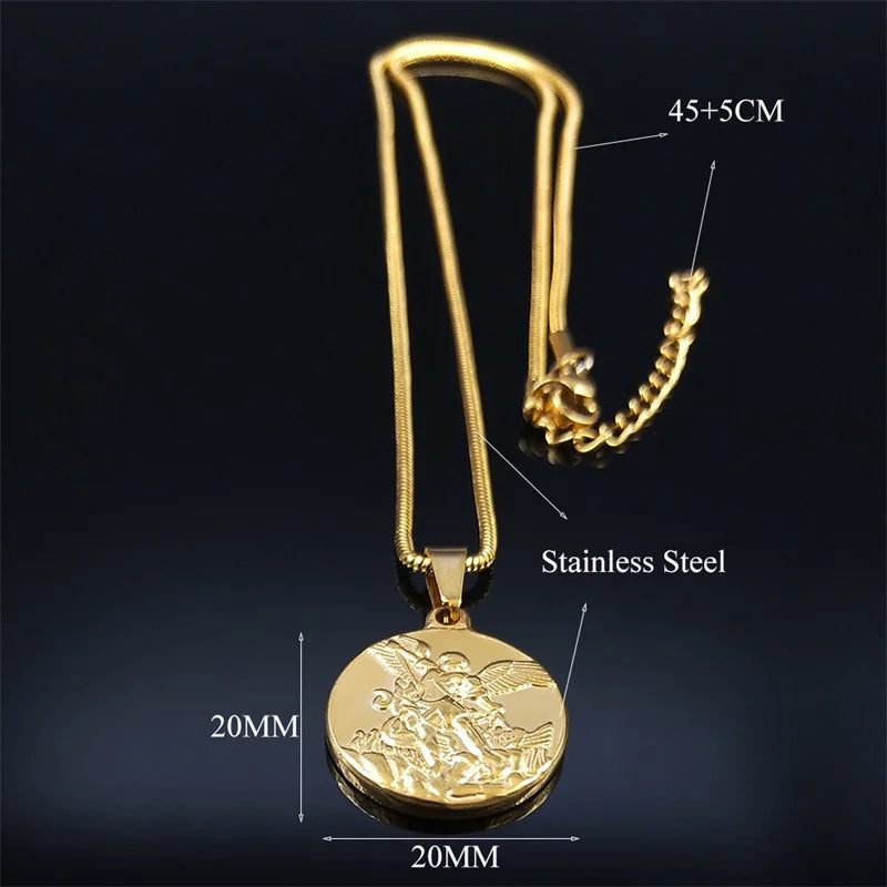 SAINT MICHAEL PROTECT US Archangel Stainless Steel Necklaces Chain Men/Women Gold Color Choker Necklace Jewelry Joyas NHH32